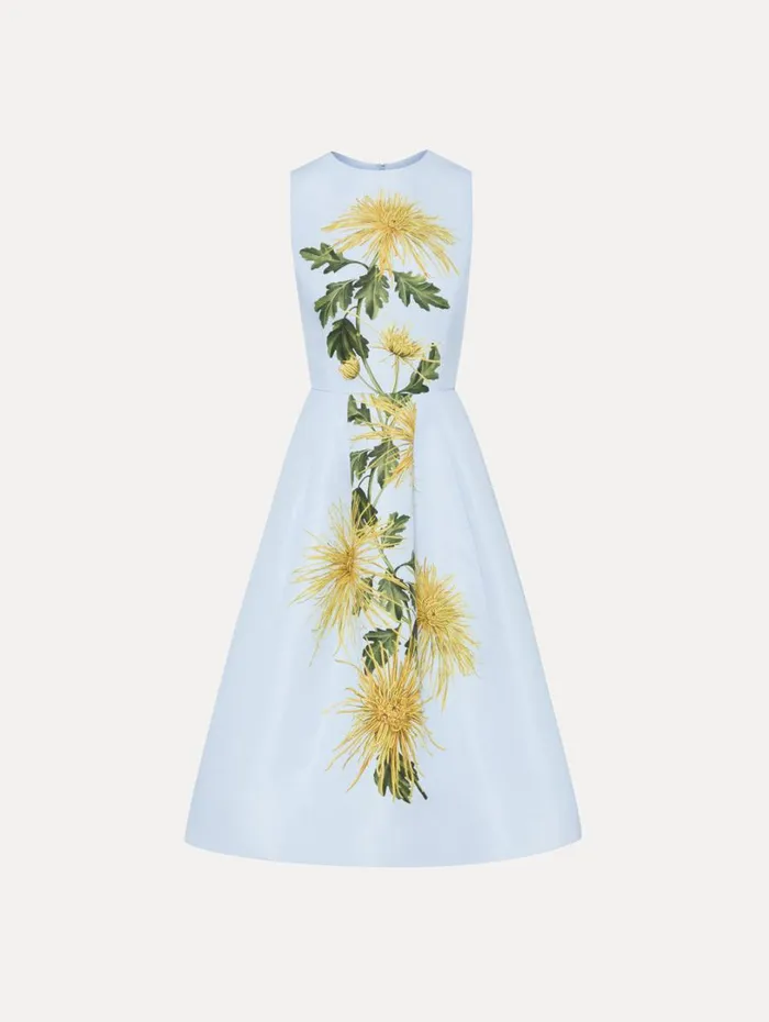 Oscar De La Renta Chrysanthemum Stripe Cocktail Dress Yellow Light Blue Women Dresses
