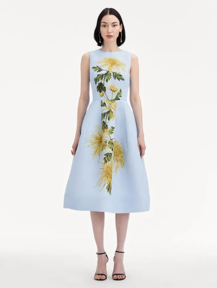 Oscar De La Renta Chrysanthemum Stripe Cocktail Dress Yellow Light Blue Women Dresses