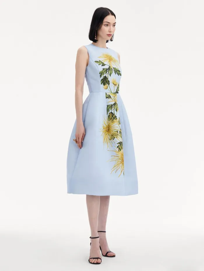 Oscar De La Renta Chrysanthemum Stripe Cocktail Dress Yellow Light Blue Women Dresses