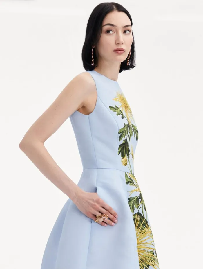 Oscar De La Renta Chrysanthemum Stripe Cocktail Dress Yellow Light Blue Women Dresses