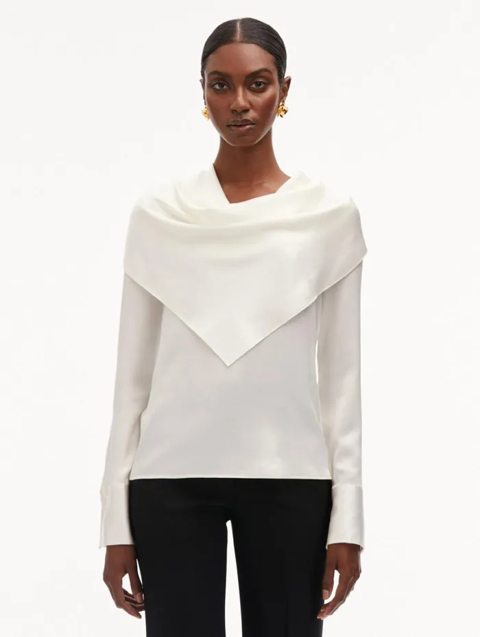 Oscar De La Renta DrapedDetail Silk Blouse Ivory Women Blouses and Knits Oscar De La Renta DrapedDetail Silk Blouse Ivory Women Blouses and Knits