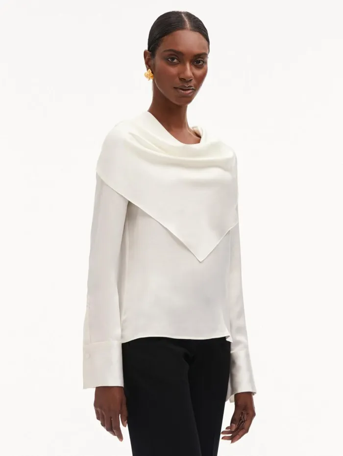 Oscar De La Renta DrapedDetail Silk Blouse Ivory Women Blouses and Knits Oscar De La Renta DrapedDetail Silk Blouse Ivory Women Blouses and Knits