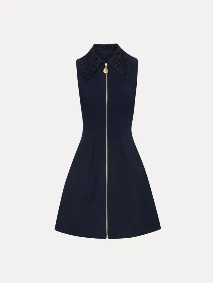 Oscar De La Renta Fern Collar ZipFront Dress Navy Women Dresses