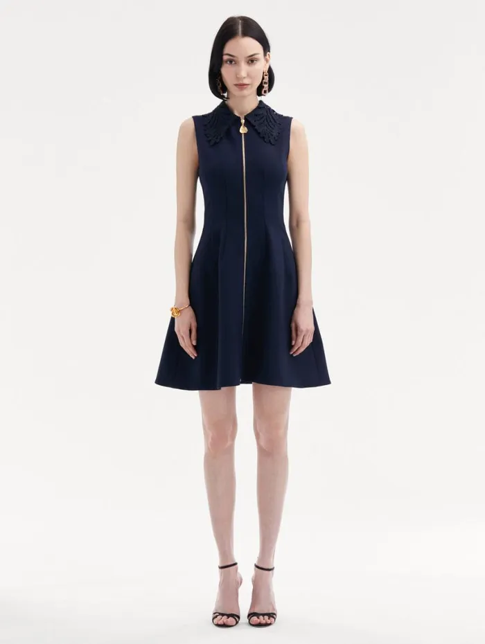 Oscar De La Renta Fern Collar ZipFront Dress Navy Women Dresses Oscar De La Renta Fern Collar ZipFront Dress Navy Women Dresses