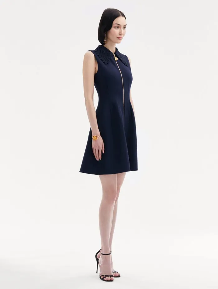 Oscar De La Renta Fern Collar ZipFront Dress Navy Women Dresses Oscar De La Renta Fern Collar ZipFront Dress Navy Women Dresses