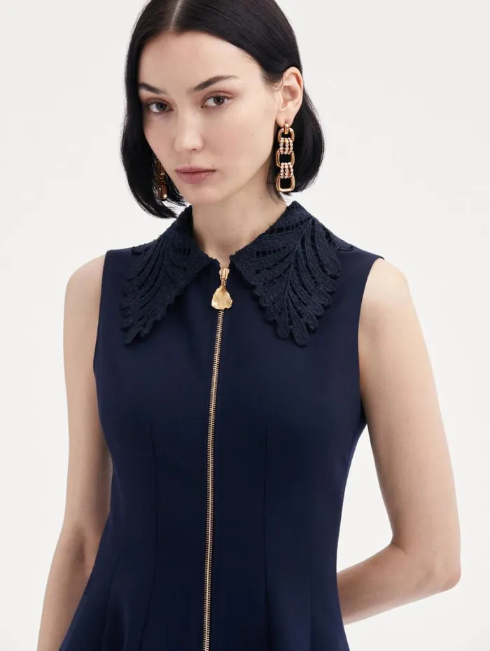 Oscar De La Renta Fern Collar ZipFront Dress Navy Women Dresses Oscar De La Renta Fern Collar ZipFront Dress Navy Women Dresses