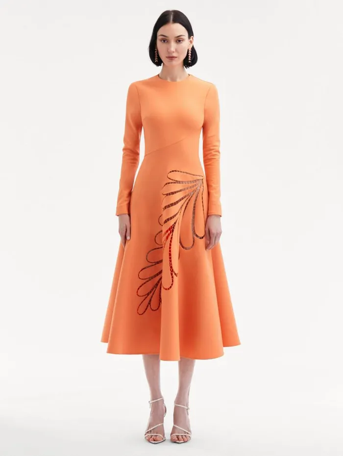 Oscar De La Renta Fern Cutout Midi Dress Apricot Women Dresses Oscar De La Renta Fern Cutout Midi Dress Apricot Women Dresses