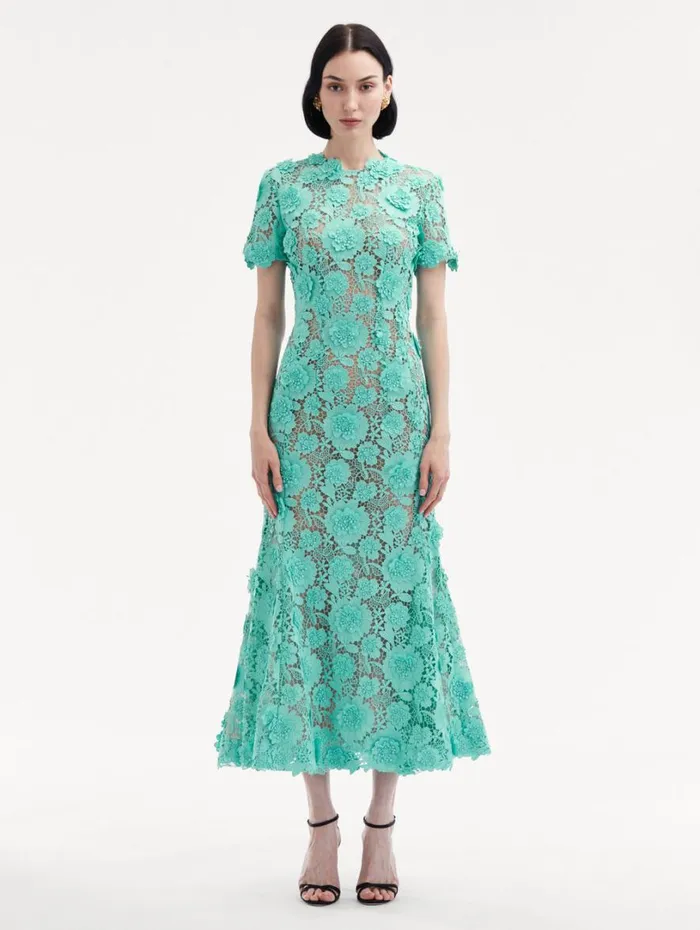 Oscar De La Renta Floral Guipure Cocktail Dress Soft Mint Women Dresses