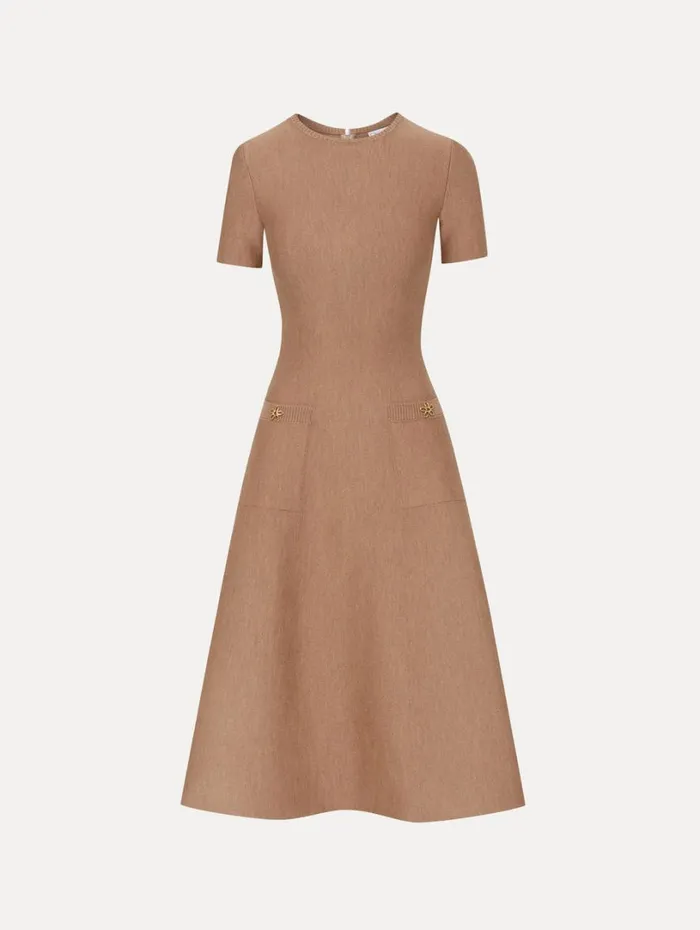 Oscar De La Renta O Flower Knit Midi Dress Cafe Au Lait Women Dresses