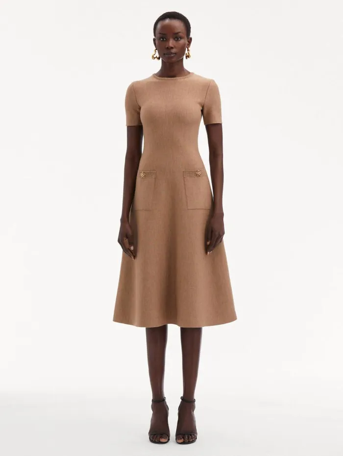 Oscar De La Renta O Flower Knit Midi Dress Cafe Au Lait Women Dresses Oscar De La Renta O Flower Knit Midi Dress Cafe Au Lait Women Dresses