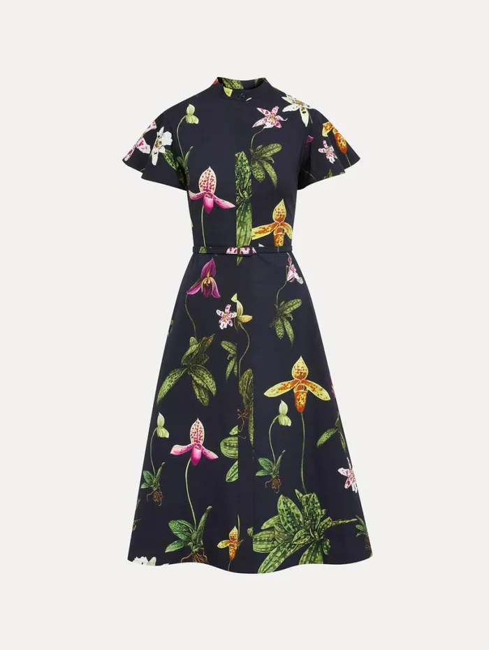 Oscar De La Renta Orchid Cotton Poplin Short Sleeve Dress Navy Multi Women Dresses