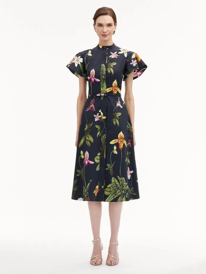 Oscar De La Renta Orchid Cotton Poplin Short Sleeve Dress Navy Multi Women Dresses Oscar De La Renta Orchid Cotton Poplin Short Sleeve Dress Navy Multi Women Dresses