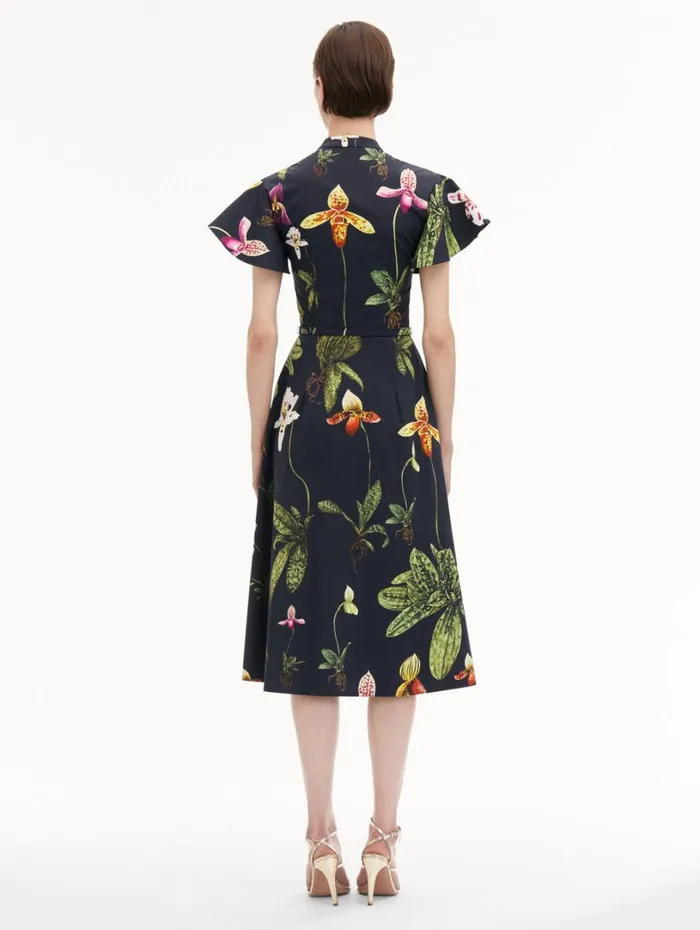 Oscar De La Renta Orchid Cotton Poplin Short Sleeve Dress Navy Multi Women Dresses Oscar De La Renta Orchid Cotton Poplin Short Sleeve Dress Navy Multi Women Dresses