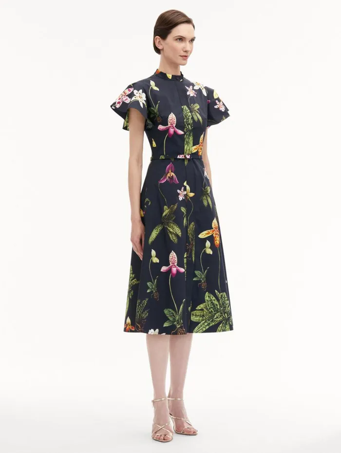Oscar De La Renta Orchid Cotton Poplin Short Sleeve Dress Navy Multi Women Dresses Oscar De La Renta Orchid Cotton Poplin Short Sleeve Dress Navy Multi Women Dresses