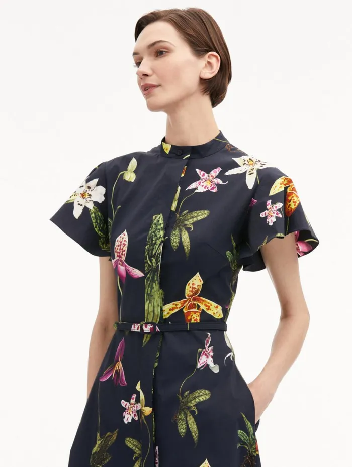 Oscar De La Renta Orchid Cotton Poplin Short Sleeve Dress Navy Multi Women Dresses Oscar De La Renta Orchid Cotton Poplin Short Sleeve Dress Navy Multi Women Dresses
