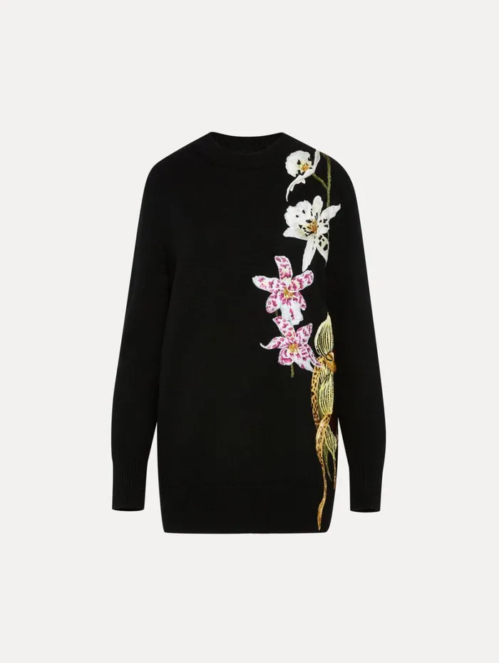 Oscar De La Renta Orchid Crochet Pullover Black Multi Women Blouses and Knits