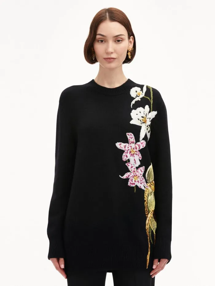 Oscar De La Renta Orchid Crochet Pullover Black Multi Women Blouses and Knits