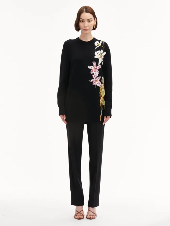 Oscar De La Renta Orchid Crochet Pullover Black Multi Women Blouses and Knits
