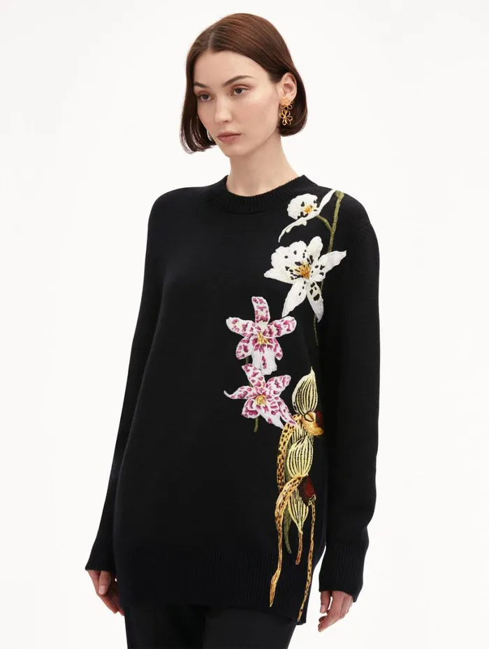 Oscar De La Renta Orchid Crochet Pullover Black Multi Women Blouses and Knits