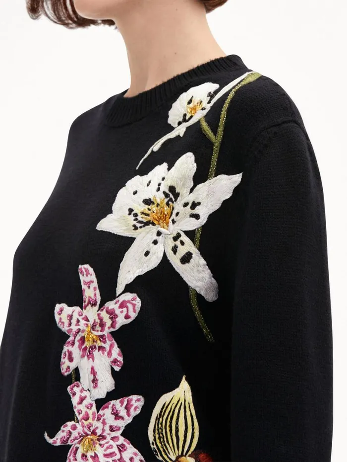 Oscar De La Renta Orchid Crochet Pullover Black Multi Women Blouses and Knits