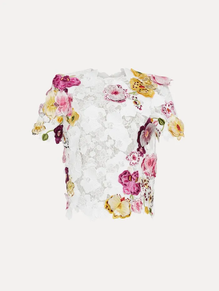 Oscar De La Renta Orchid Embroidered Guipure Blouse White Women Blouses and Knits