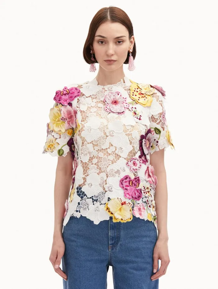 Oscar De La Renta Orchid Embroidered Guipure Blouse White Women Blouses and Knits