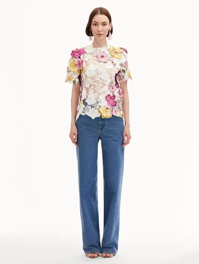 Oscar De La Renta Orchid Embroidered Guipure Blouse White Women Blouses and Knits
