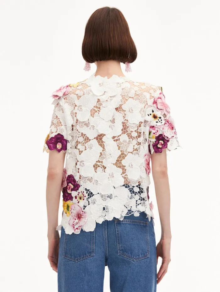 Oscar De La Renta Orchid Embroidered Guipure Blouse White Women Blouses and Knits