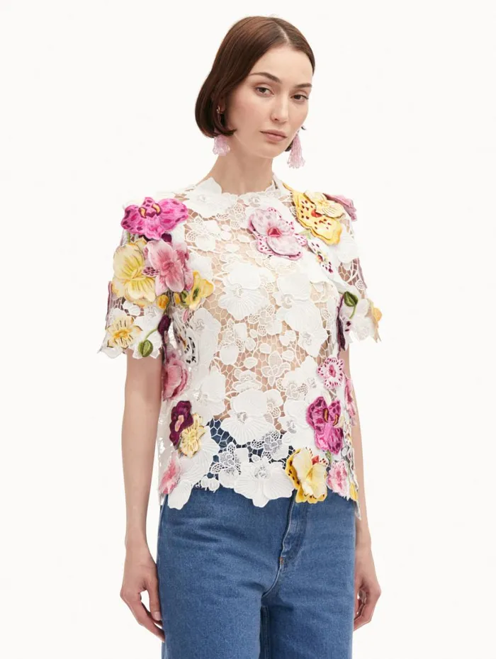 Oscar De La Renta Orchid Embroidered Guipure Blouse White Women Blouses and Knits