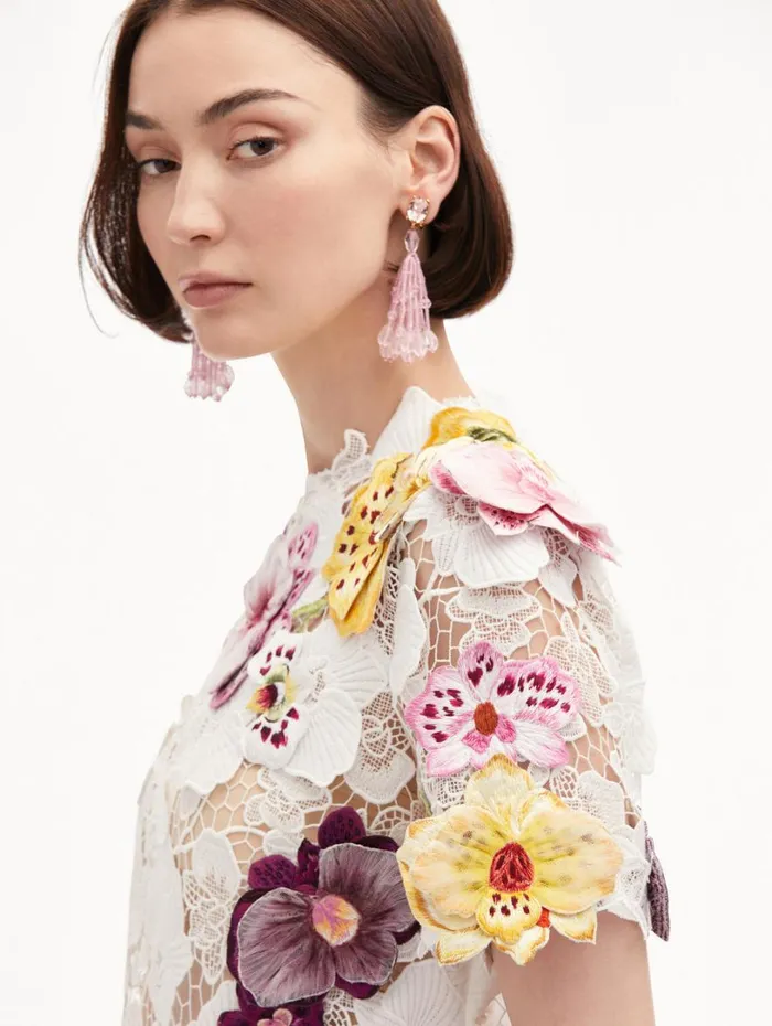 Oscar De La Renta Orchid Embroidered Guipure Blouse White Women Blouses and Knits