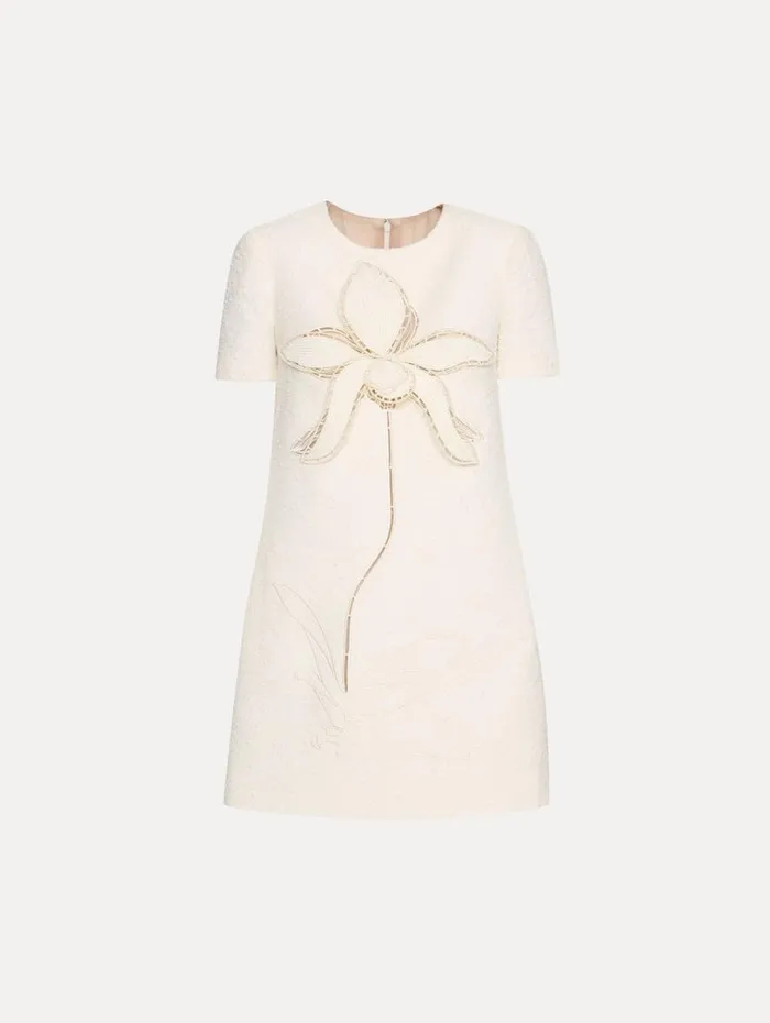 Oscar De La Renta Orchid Embroidered Tweed Shift Dress Ivory Women Dresses