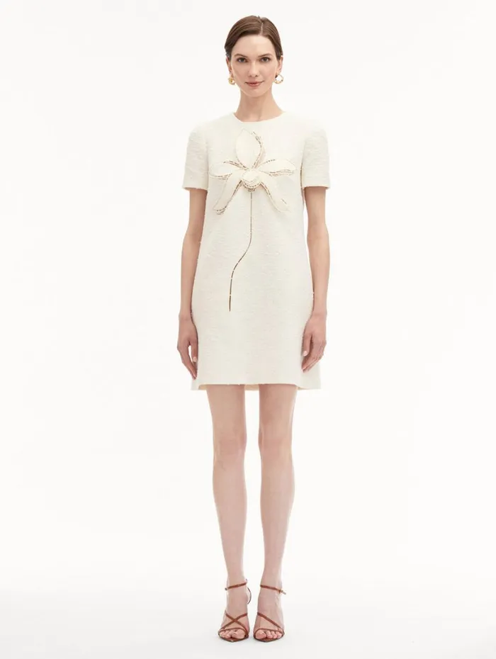 Oscar De La Renta Orchid Embroidered Tweed Shift Dress Ivory Women Dresses
