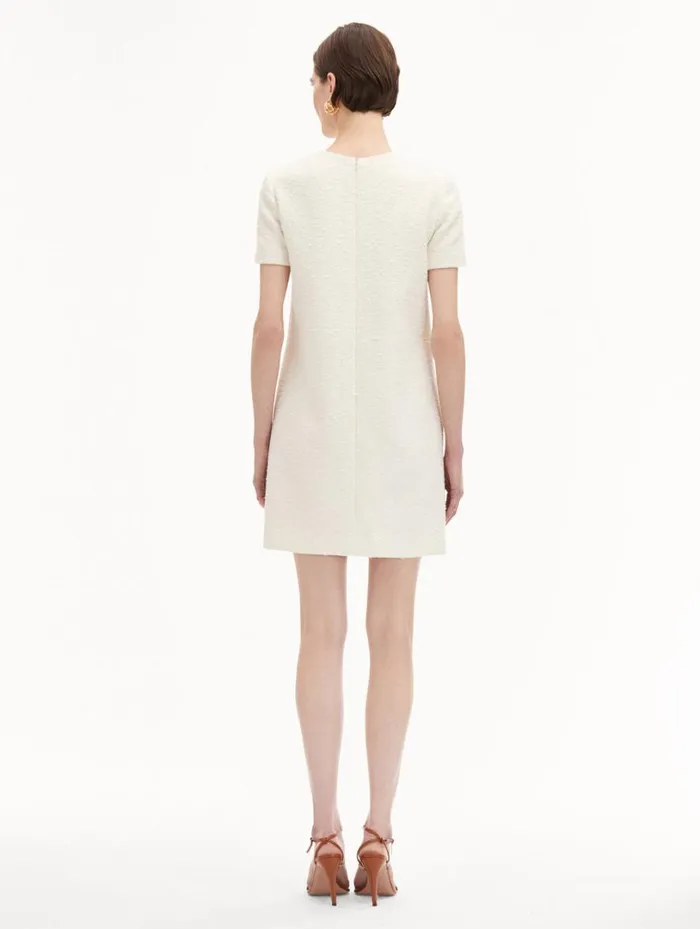 Oscar De La Renta Orchid Embroidered Tweed Shift Dress Ivory Women Dresses