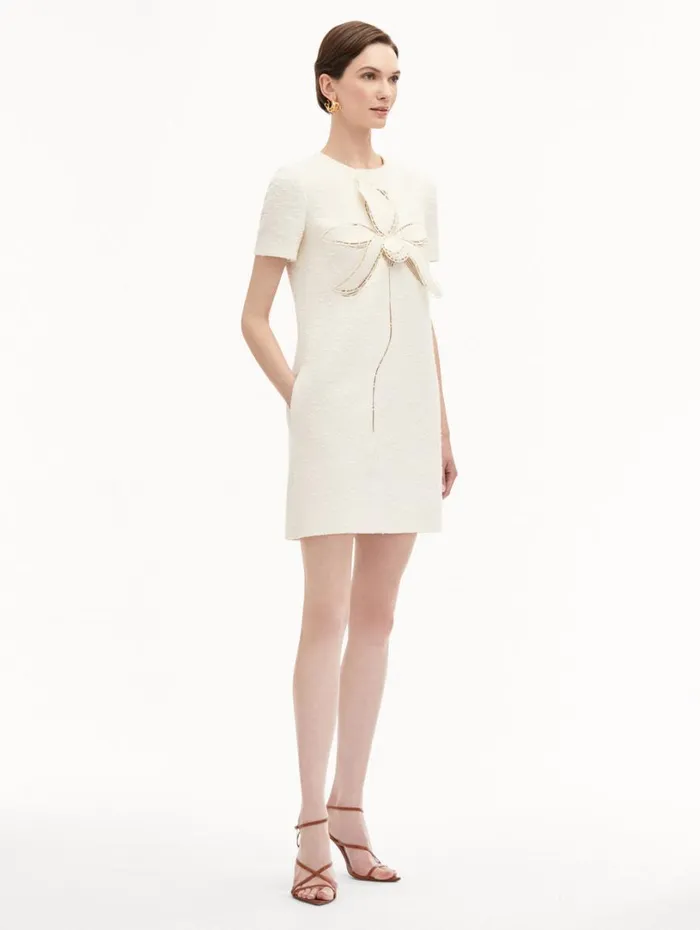 Oscar De La Renta Orchid Embroidered Tweed Shift Dress Ivory Women Dresses