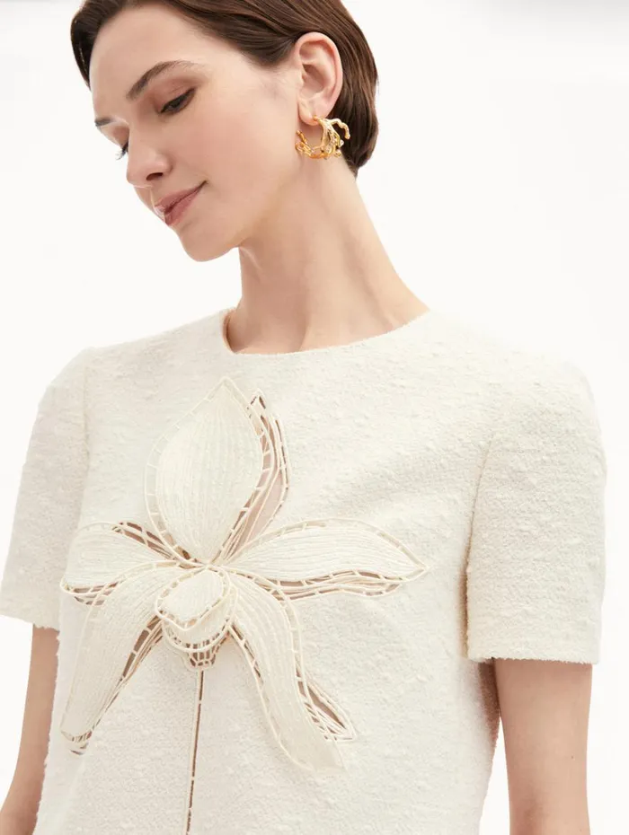 Oscar De La Renta Orchid Embroidered Tweed Shift Dress Ivory Women Dresses