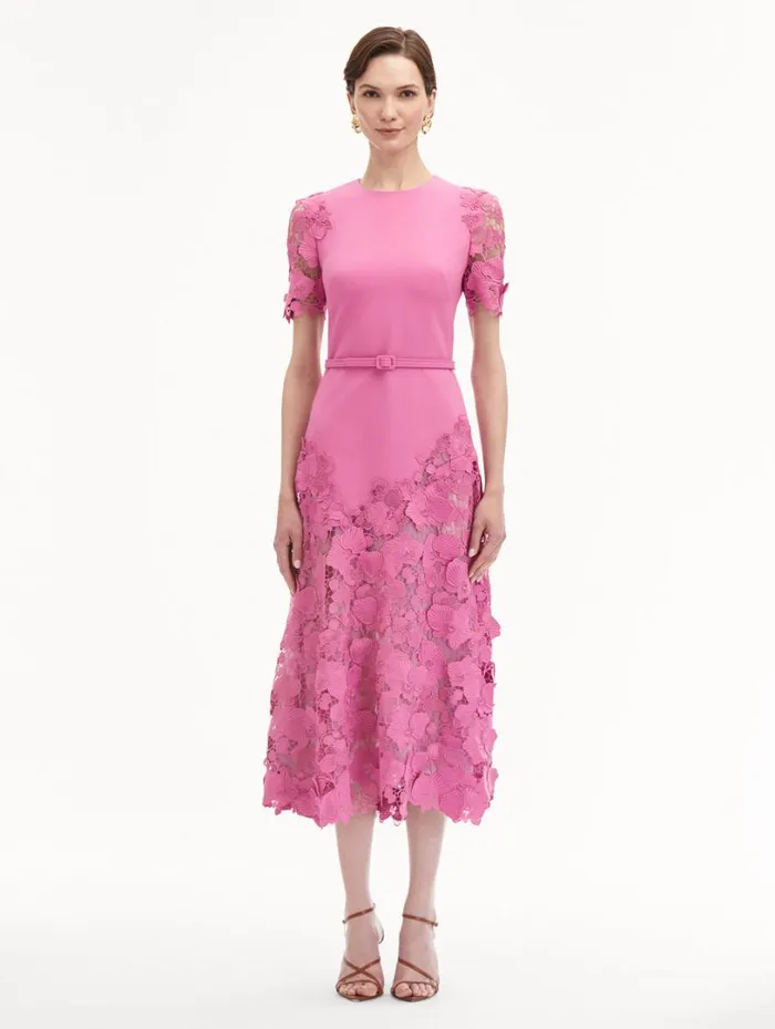 Oscar De La Renta Orchid Guipure Lace Inset Dress Rosehip Women Dresses