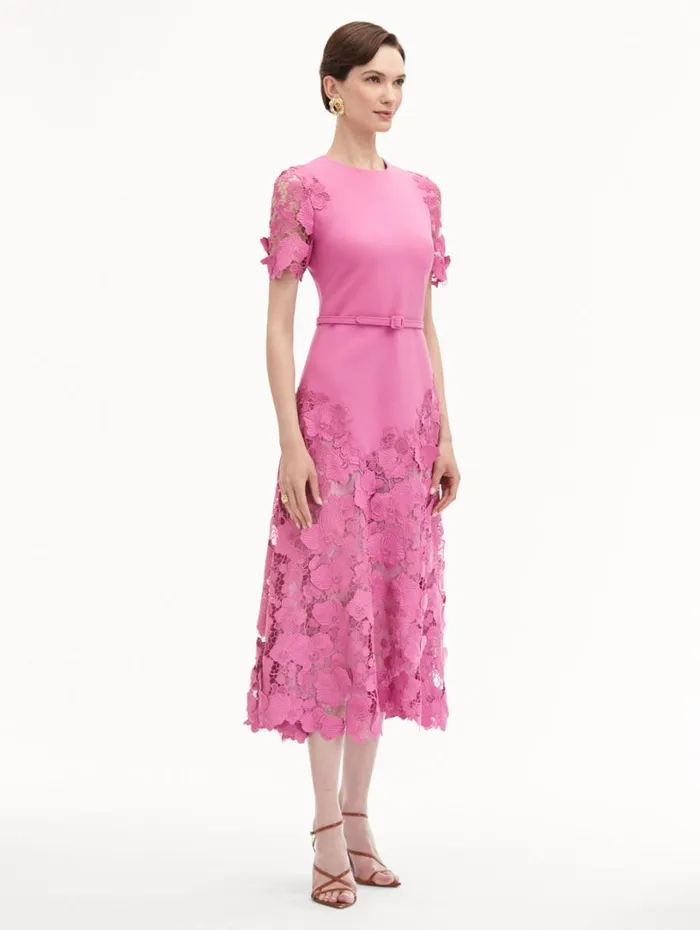 Oscar De La Renta Orchid Guipure Lace Inset Dress Rosehip Women Dresses
