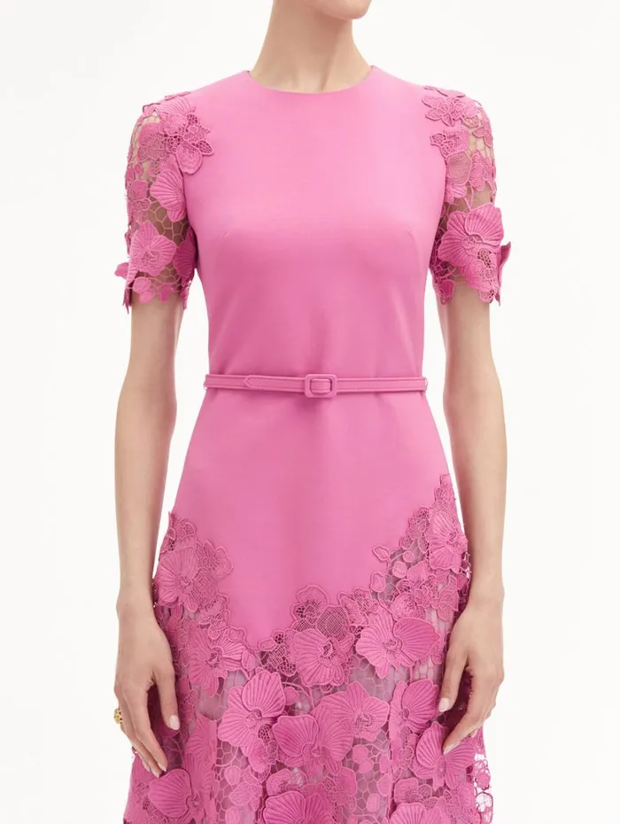 Oscar De La Renta Orchid Guipure Lace Inset Dress Rosehip Women Dresses