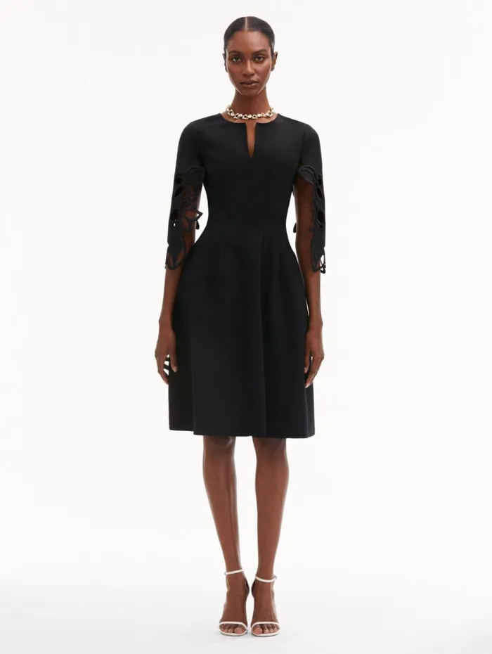 Oscar De La Renta Orchid Sleeve Split Neck Dress Black Women Dresses