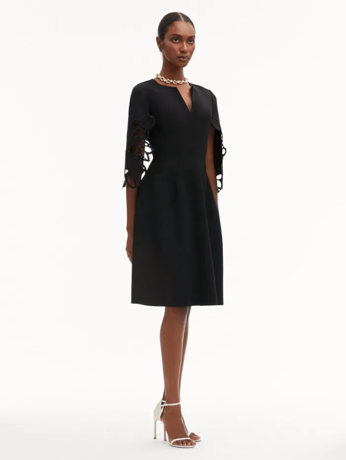 Oscar De La Renta Orchid Sleeve Split Neck Dress Black Women Dresses