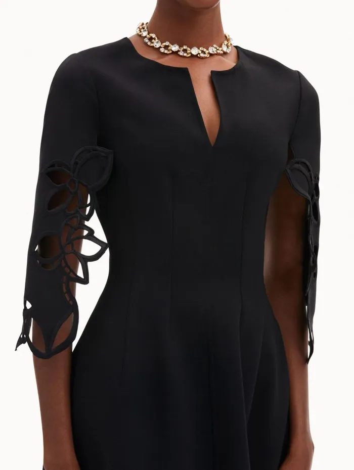 Oscar De La Renta Orchid Sleeve Split Neck Dress Black Women Dresses