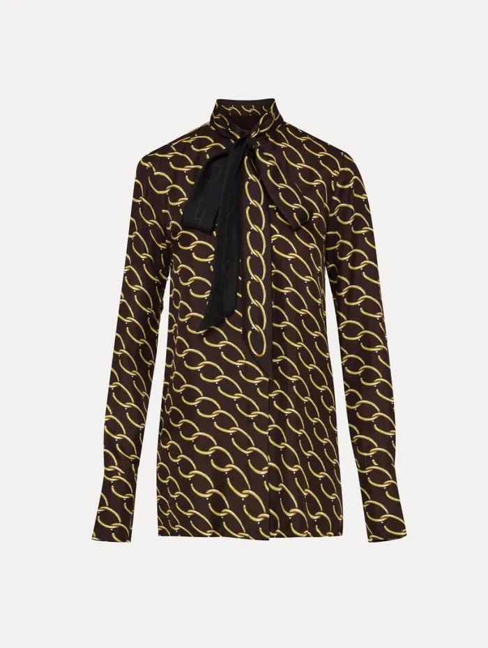 Oscar De La Renta Oscar ChainLink Silk Twill Blouse Cafe Gold Women Blouses and Knits