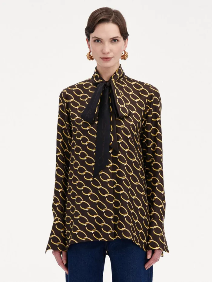 Oscar De La Renta Oscar ChainLink Silk Twill Blouse Cafe Gold Women Blouses and Knits Oscar De La Renta Oscar ChainLink Silk Twill Blouse Cafe Gold Women Blouses and Knits