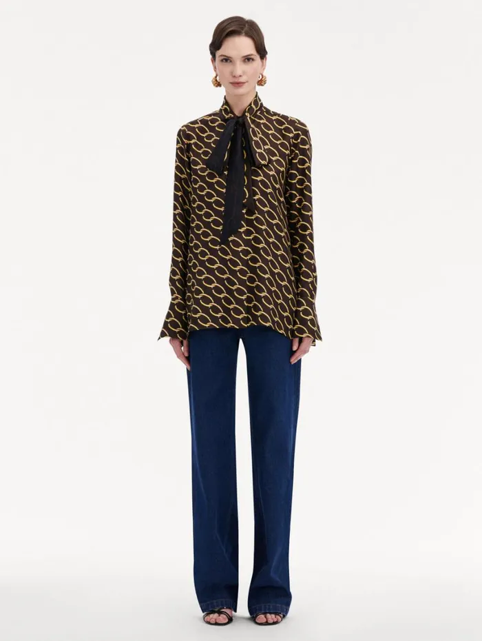 Oscar De La Renta Oscar ChainLink Silk Twill Blouse Cafe Gold Women Blouses and Knits Oscar De La Renta Oscar ChainLink Silk Twill Blouse Cafe Gold Women Blouses and Knits