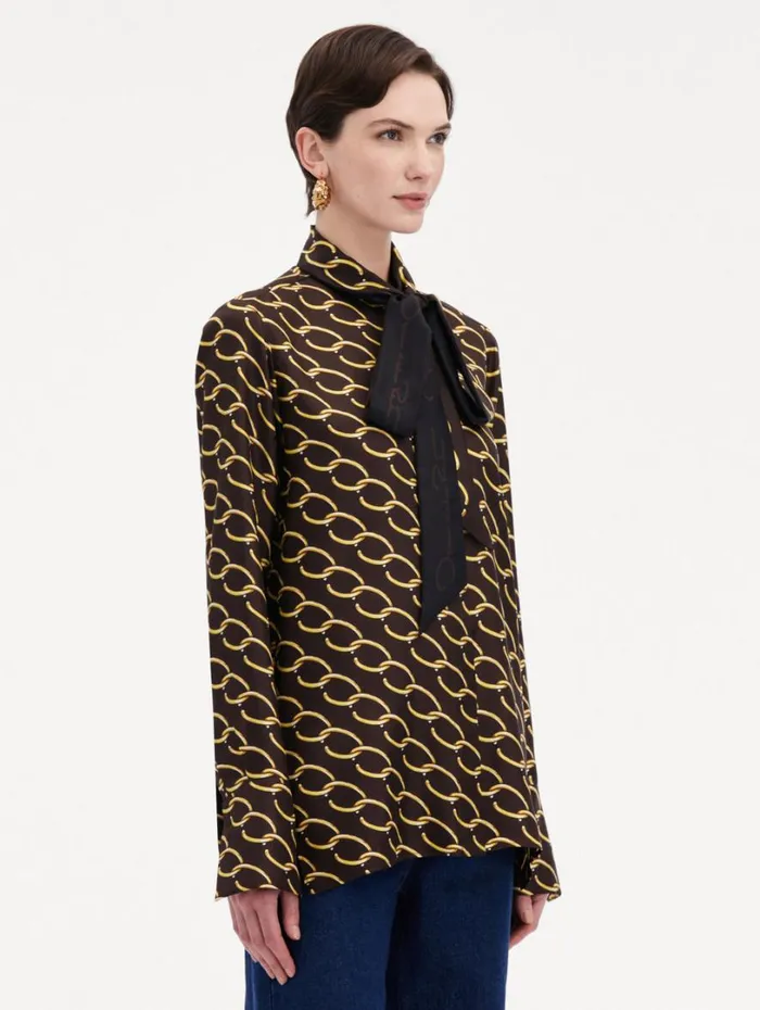 Oscar De La Renta Oscar ChainLink Silk Twill Blouse Cafe Gold Women Blouses and Knits Oscar De La Renta Oscar ChainLink Silk Twill Blouse Cafe Gold Women Blouses and Knits
