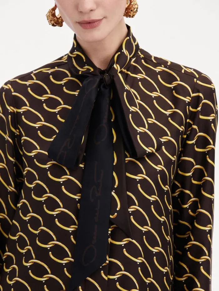 Oscar De La Renta Oscar ChainLink Silk Twill Blouse Cafe Gold Women Blouses and Knits Oscar De La Renta Oscar ChainLink Silk Twill Blouse Cafe Gold Women Blouses and Knits