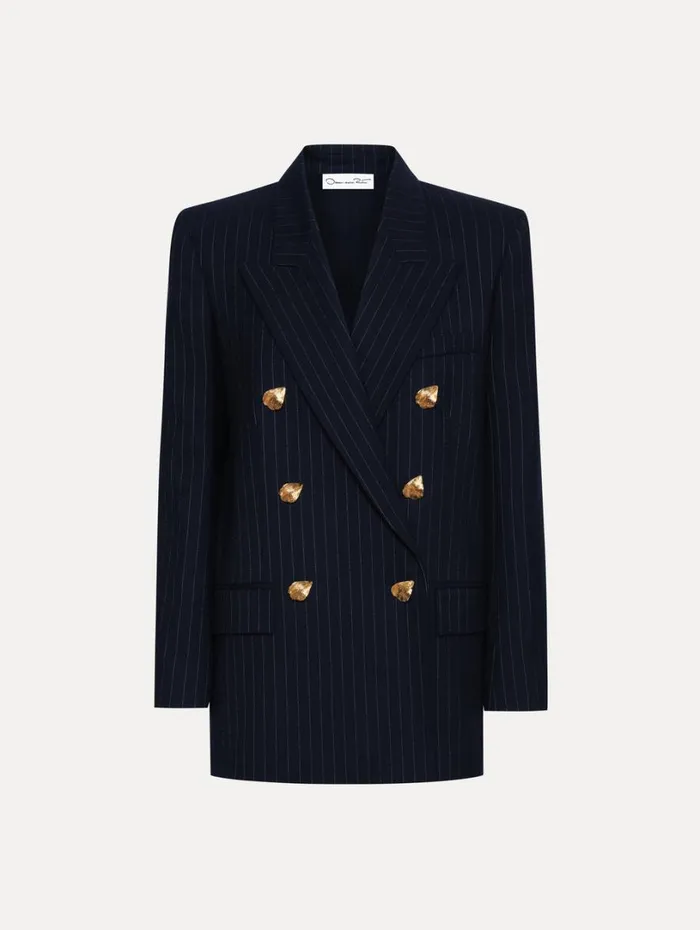 Oscar De La Renta Pinstriped DoubleBreasted Jacket Navy and White Women Jackets and Coats