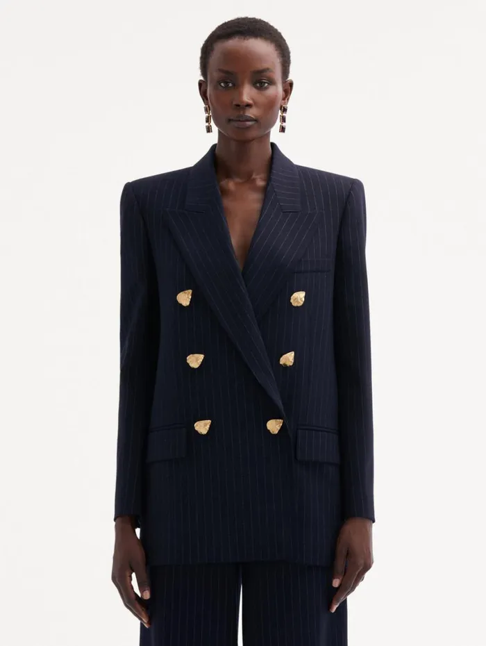Oscar De La Renta Pinstriped DoubleBreasted Jacket Navy and White Women Jackets and Coats Oscar De La Renta Pinstriped DoubleBreasted Jacket Navy and White Women Jackets and Coats