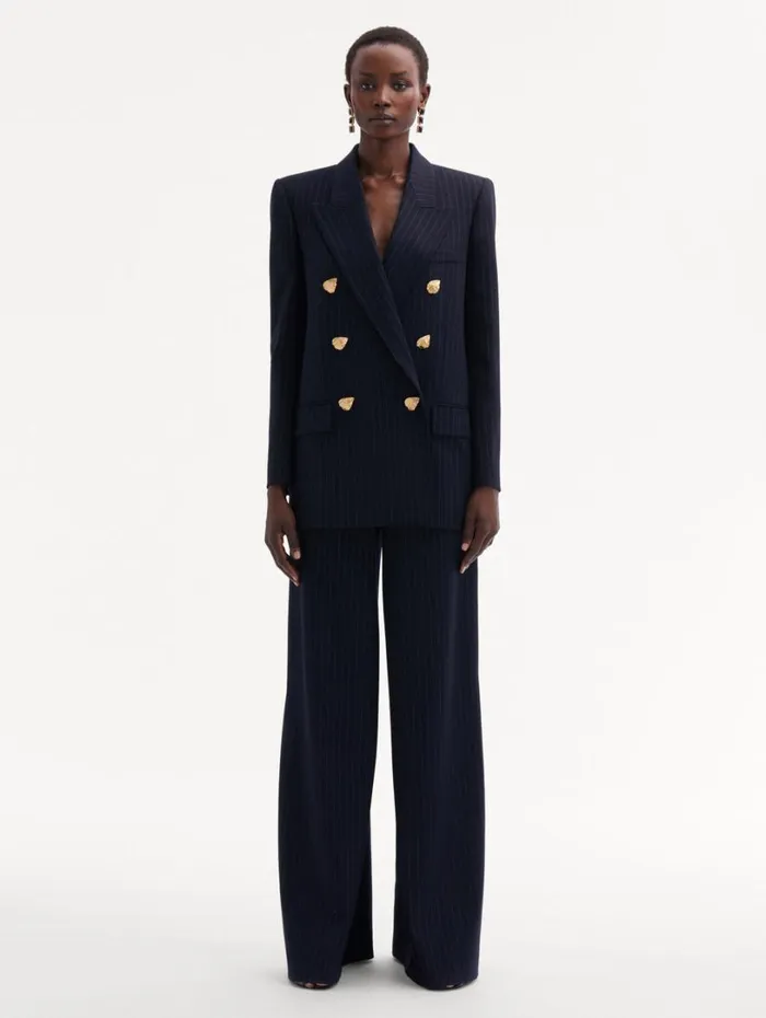 Oscar De La Renta Pinstriped DoubleBreasted Jacket Navy and White Women Jackets and Coats Oscar De La Renta Pinstriped DoubleBreasted Jacket Navy and White Women Jackets and Coats