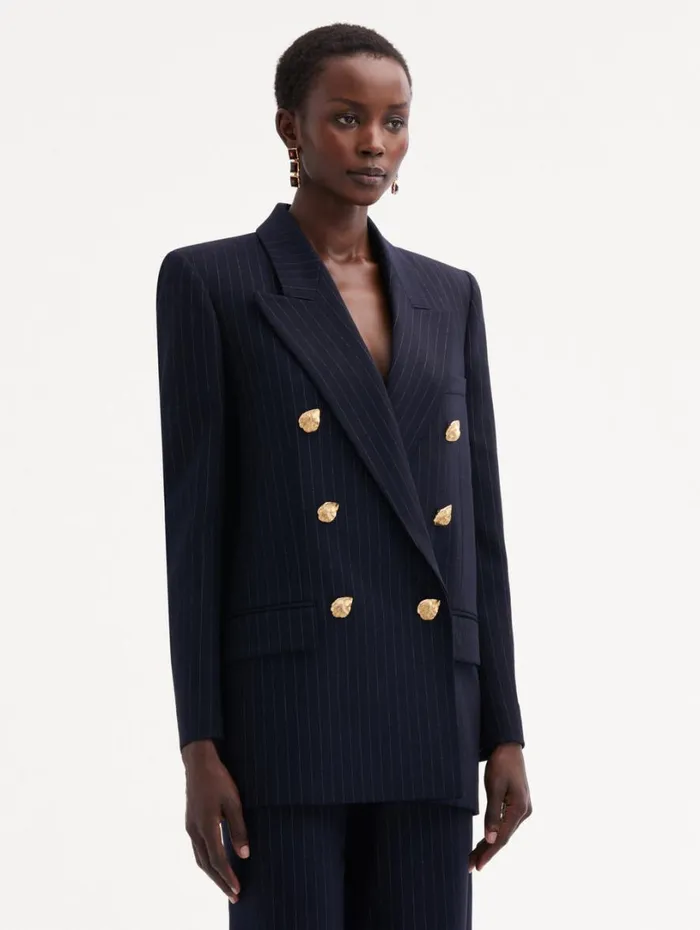 Oscar De La Renta Pinstriped DoubleBreasted Jacket Navy and White Women Jackets and Coats Oscar De La Renta Pinstriped DoubleBreasted Jacket Navy and White Women Jackets and Coats